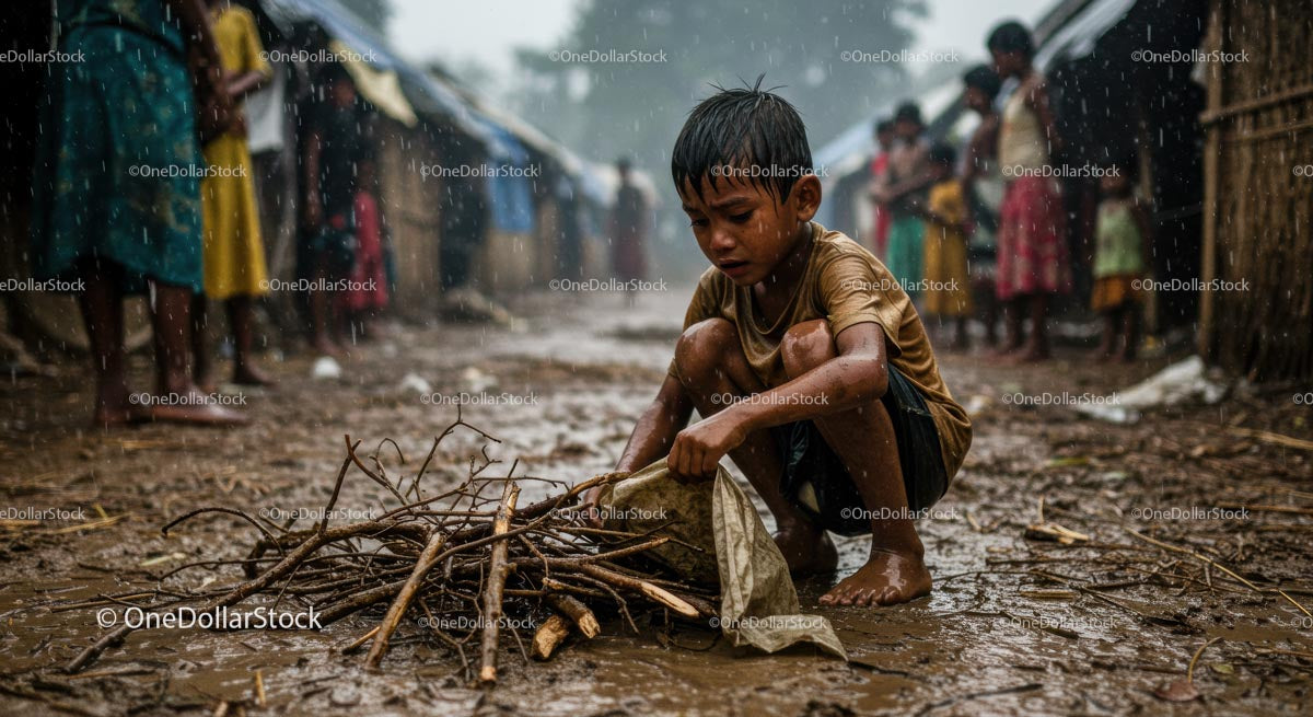Young Boy Collecting Firewood in Rainy Village Path