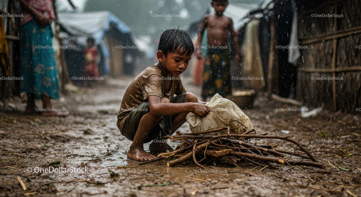 Child Gathering Wood During Monsoon Rain in Rural Village