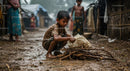 Child Gathering Wood During Monsoon Rain in Rural Village