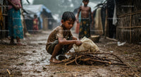 Child Gathering Wood During Monsoon Rain in Rural Village