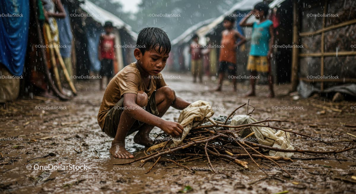 Child Collecting Sticks in the Rain in Rural Area