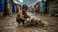Child Collecting Sticks in the Rain in Rural Area