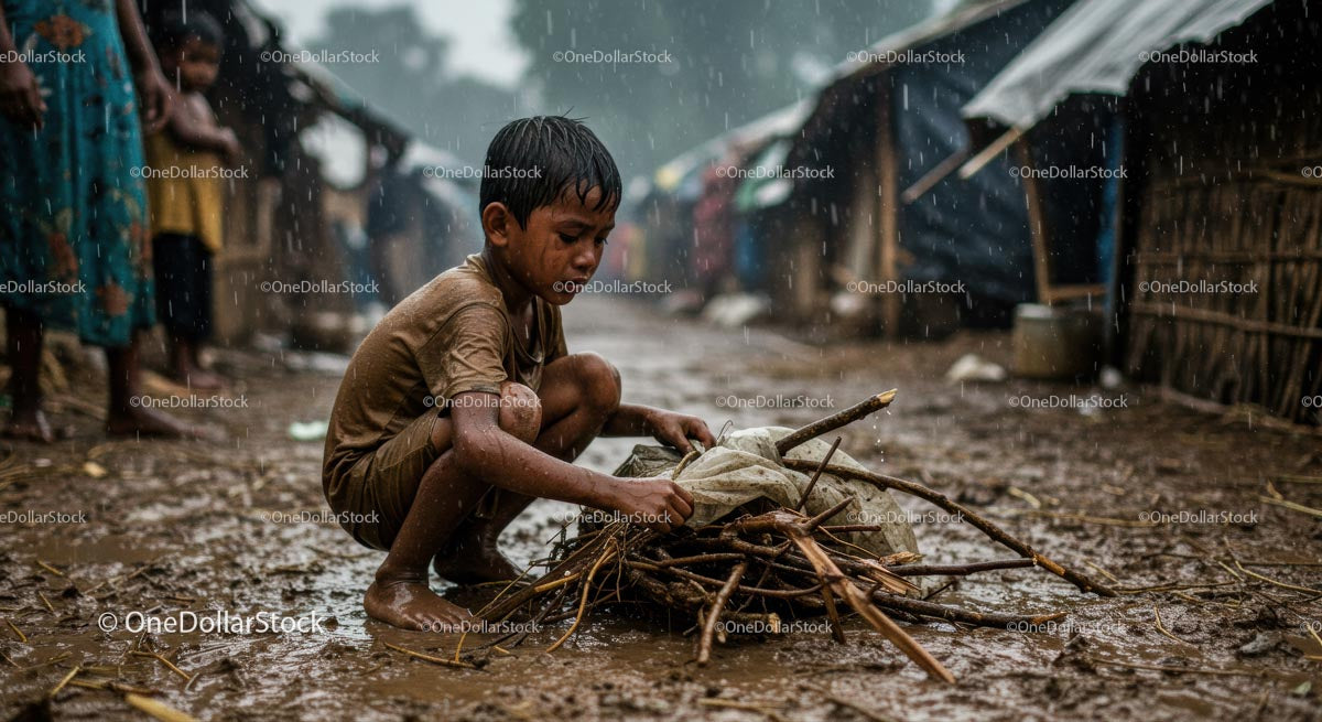 Young Child Gathering Firewood in the Rainy Muddy Village