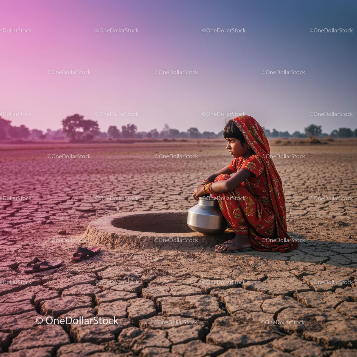 Young Girl in Red Dress at Dry Arid Landscape