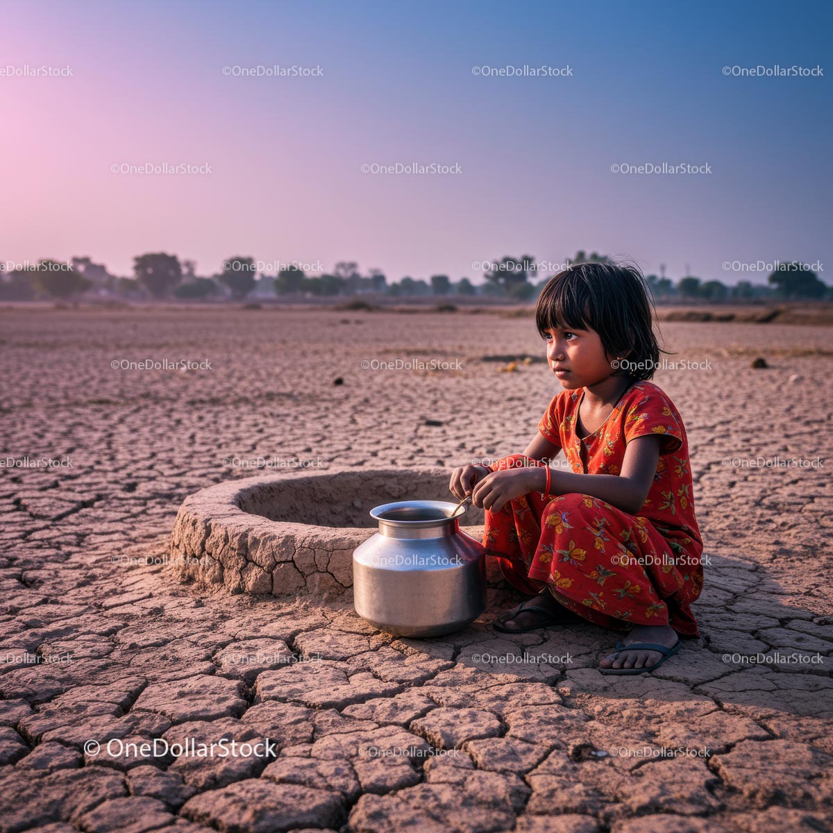 Young Girl with Water Pot in Arid Landscape