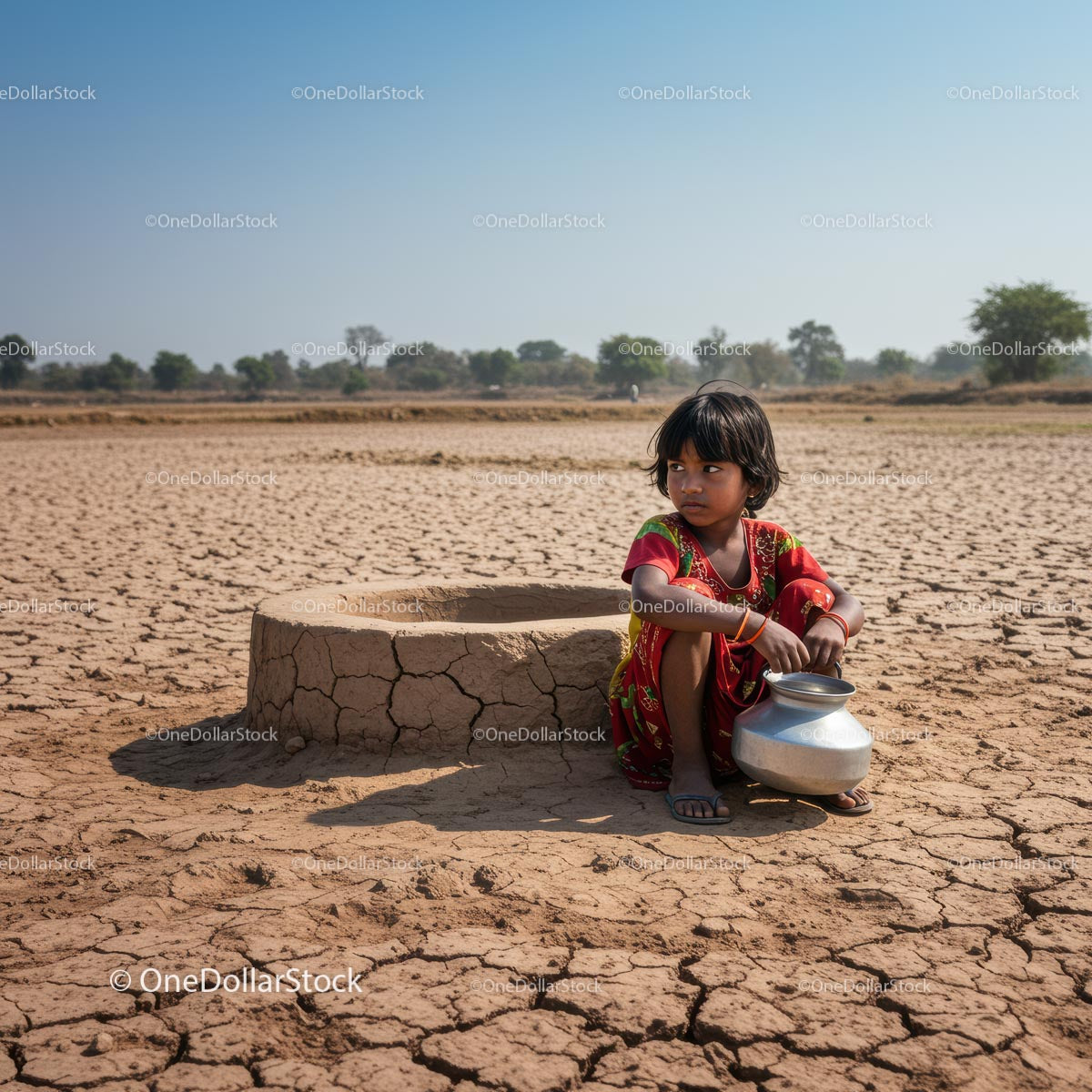 Child Sitting on Cracked Earth in Rural Landscape