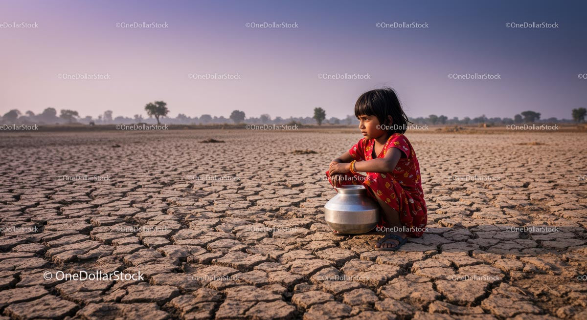 Child in Traditional Dress Amidst Drought-Stricken Land