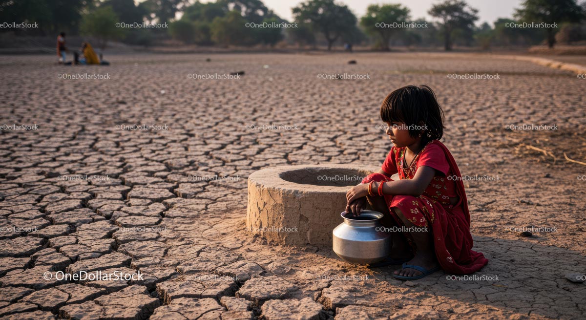 Young Girl Collecting Water from a Dry Village Well