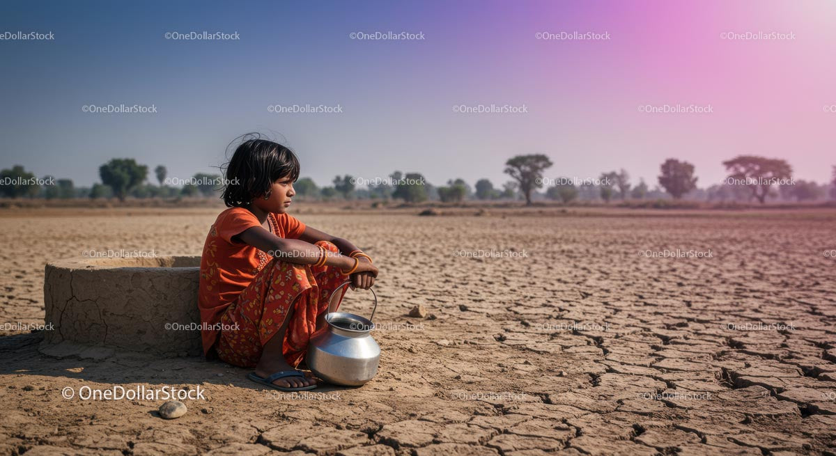 Young Girl Sitting on Dry Landscape Holding Water Jug