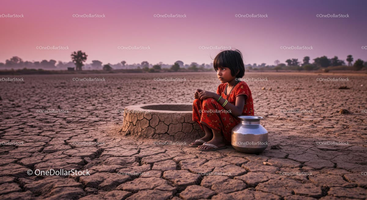 Young Girl in Red Dress on Arid Ground at Sunset