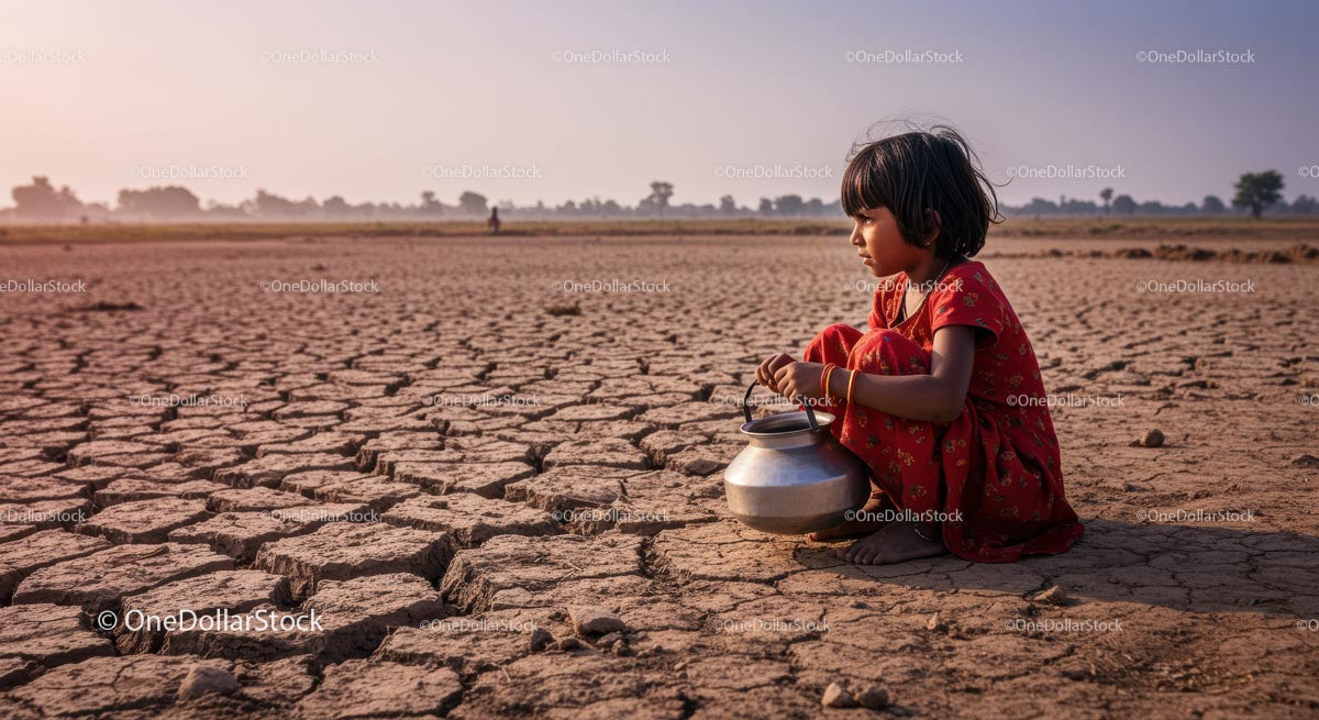 Young Girl in Red Dress on Dry, Cracked Earth with Metal Pot