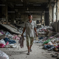 Man Walking Through Abandoned Industrial Ruin