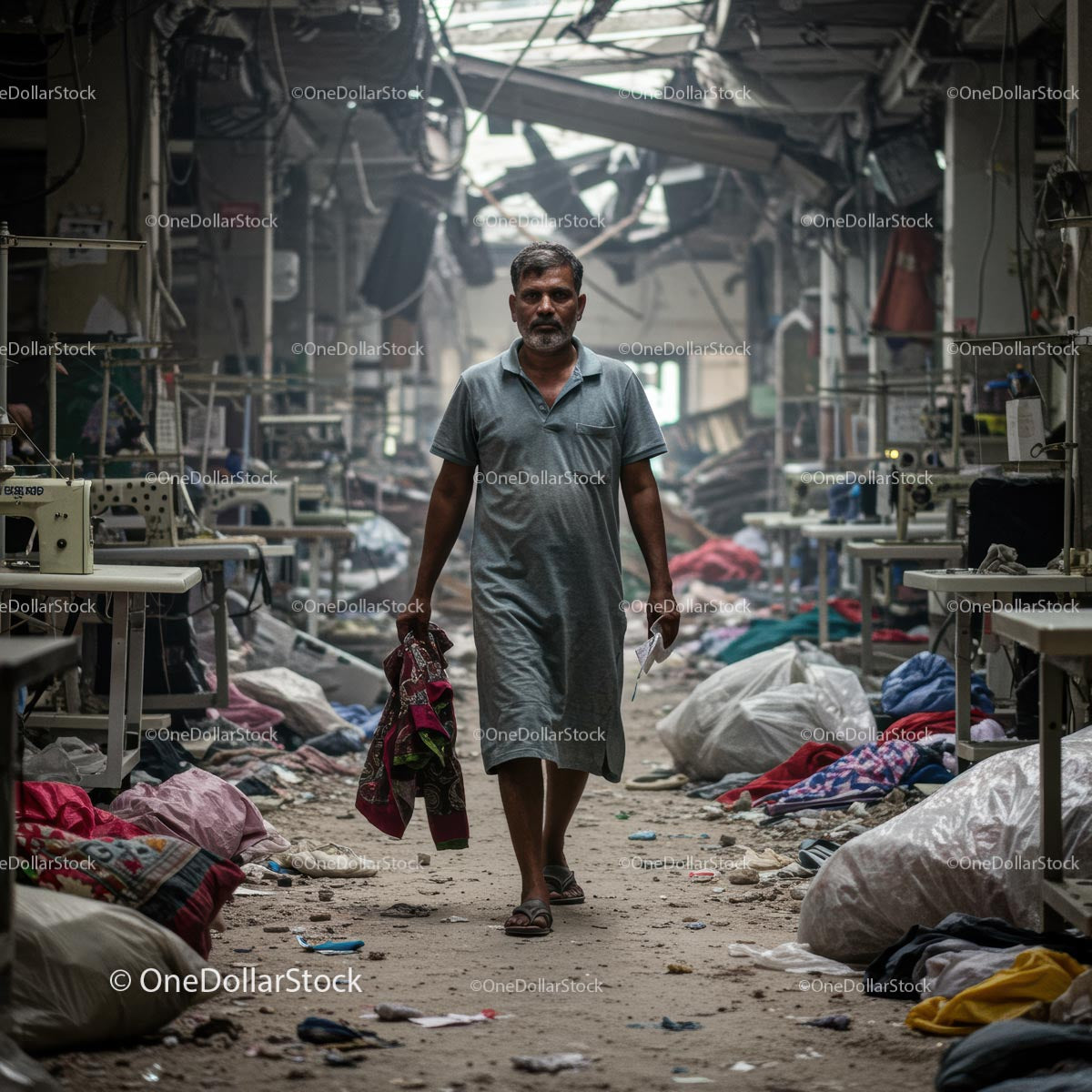 Man Walking Through Abandoned Textile Factory