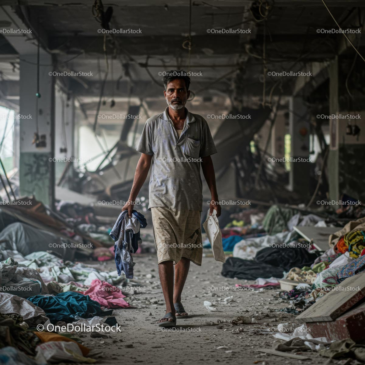 Man Walking Through Abandoned Building with Debris