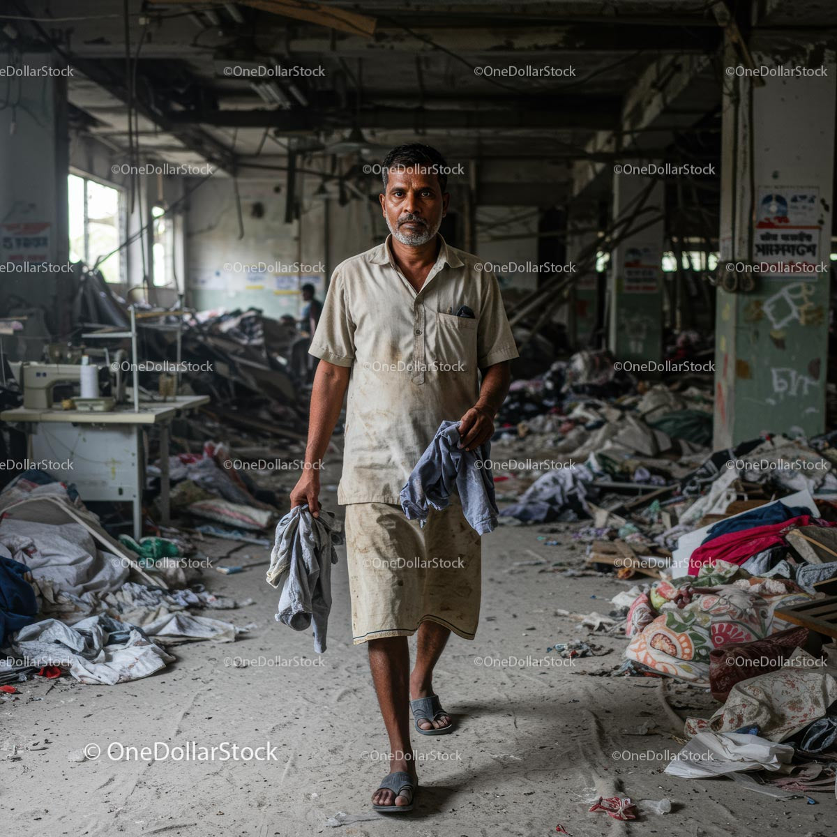 Worker Navigating Abandoned Textile Factory Ruins