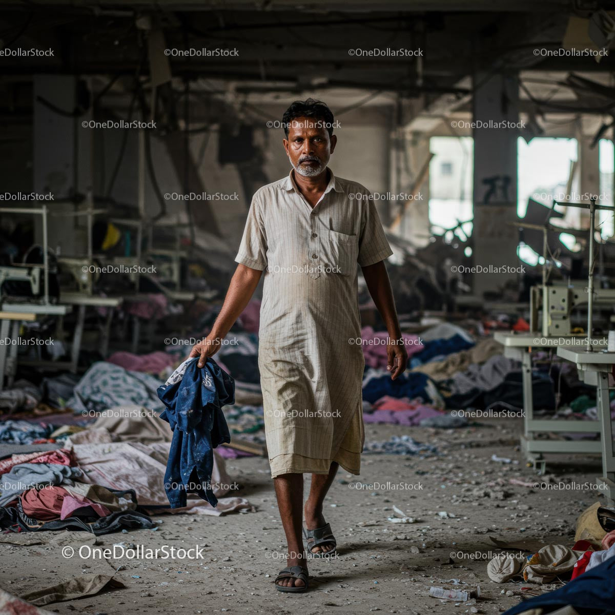 Textile Worker Walking Through Abandoned Factory