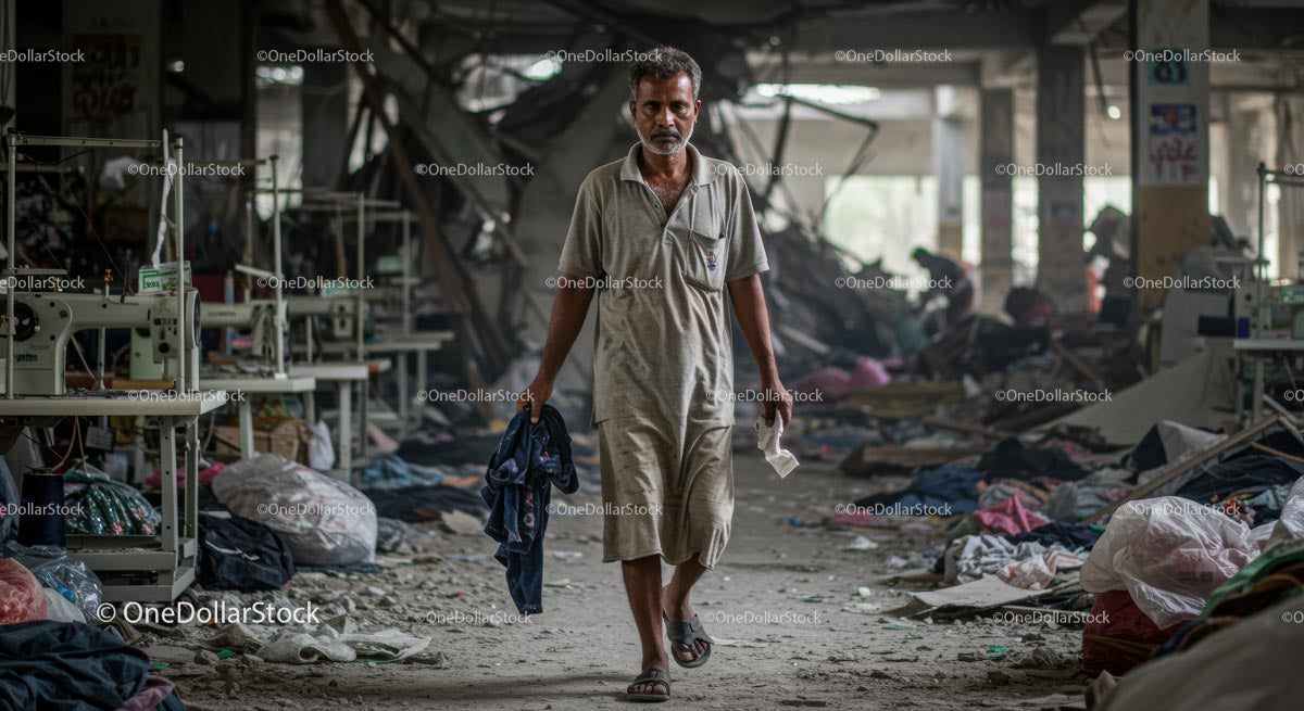 Worker Walking Through Abandoned Textile Factory