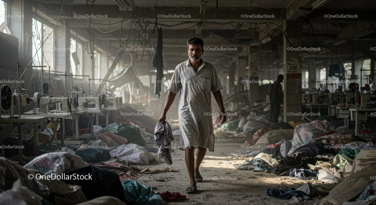 Man Walking Through Abandoned Textile Factory