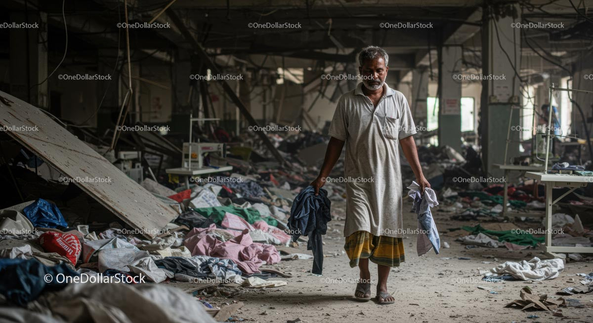 Desolate Garment Factory Interior with Lone Worker