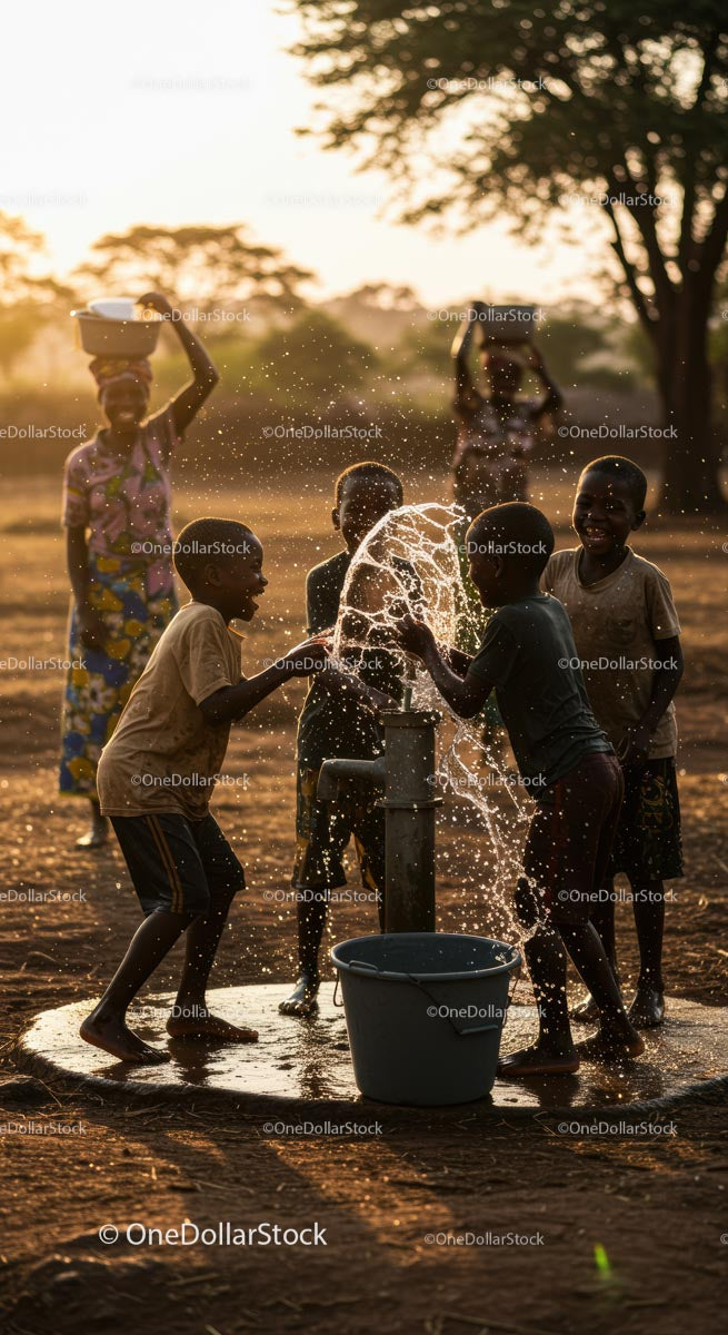 Children Playing Joyfully Around Water Well at Sunset