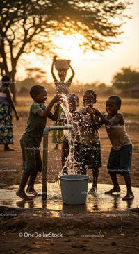Children Playing at Water Pump in African Village at Sunset