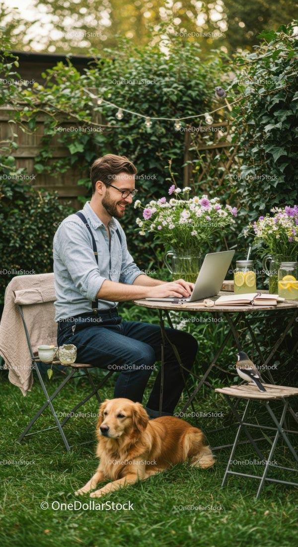 Man Working on Laptop in Lush Green Garden