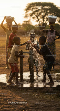 Joyful Children Playing by Water Fountain at Sunset