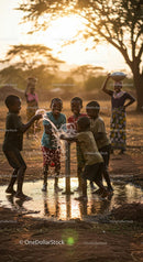 Children Playing by a Water Pump at Sunset