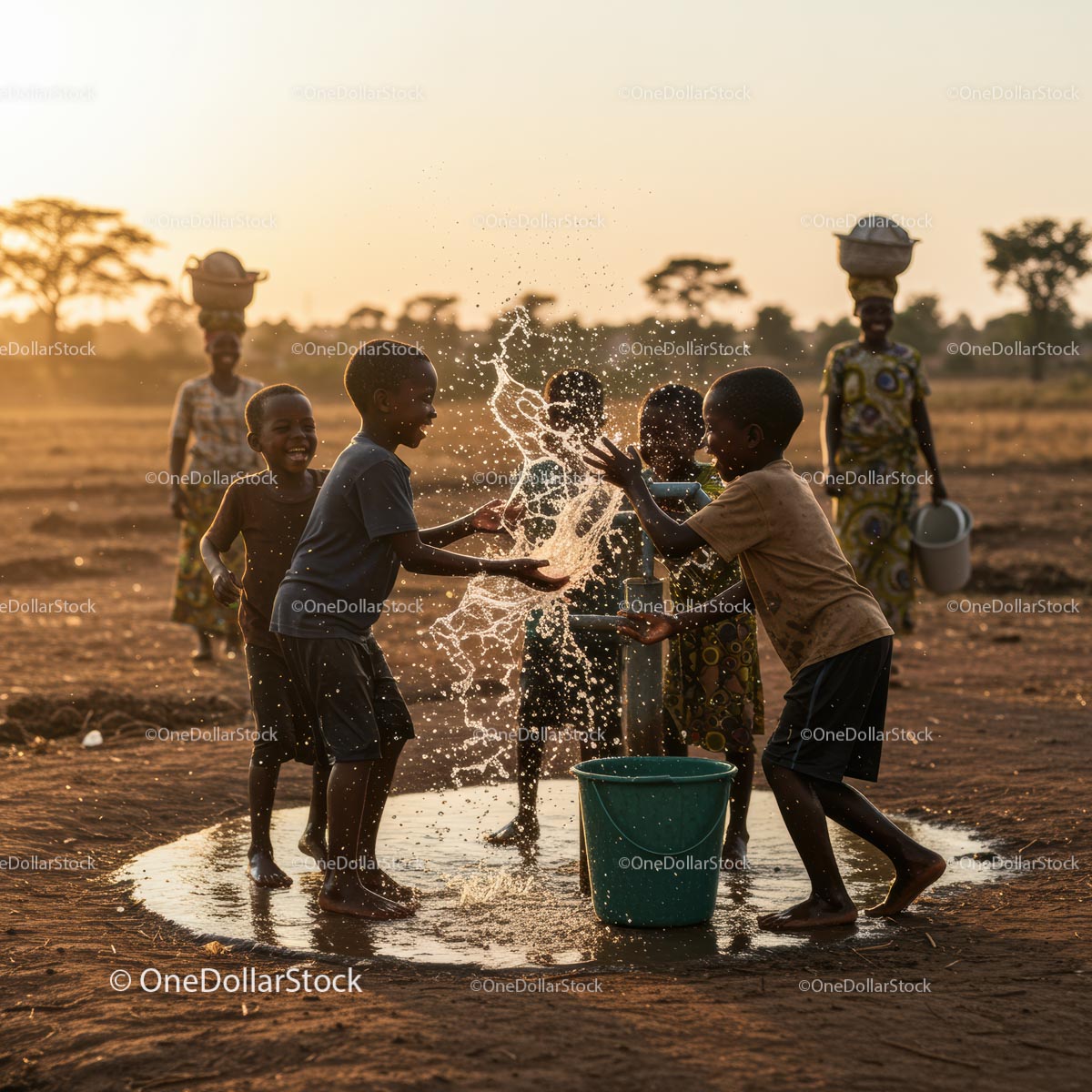 Children Splashing Water at Well During Sunset