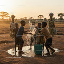 Children Splashing Water at Well During Sunset