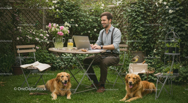 Man Working with Laptop in Lush Garden with Golden Retrievers