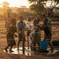 Children Playing at Water Pump in Rural Village at Sunset