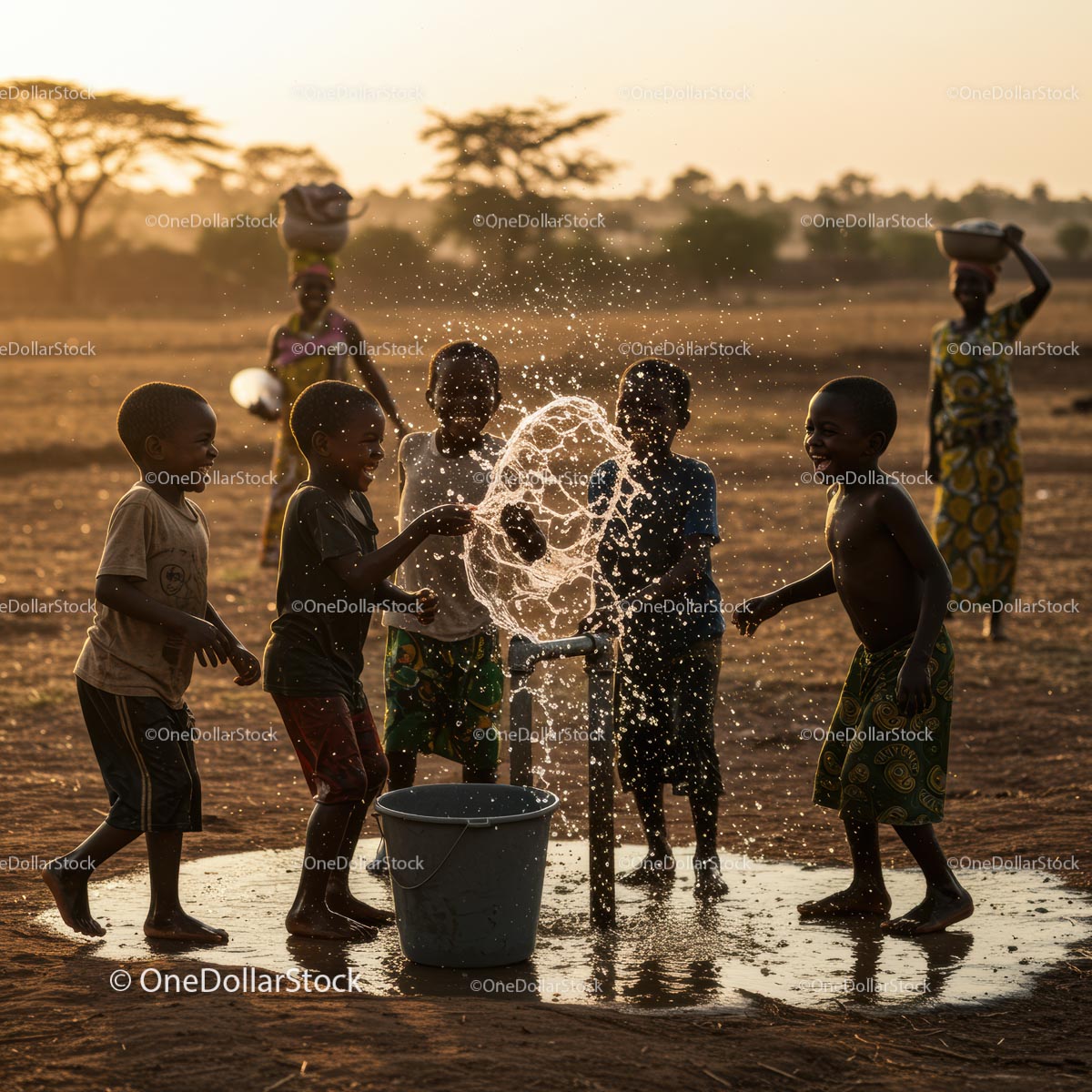 Children Playing Joyfully with Water at Sunset