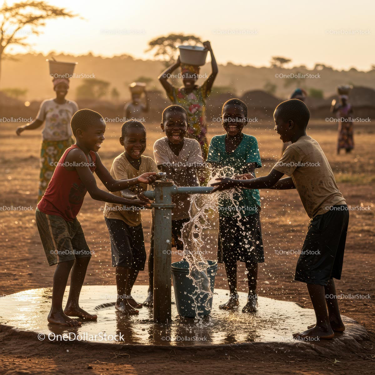 Children Playing at Water Pump in African Sunset