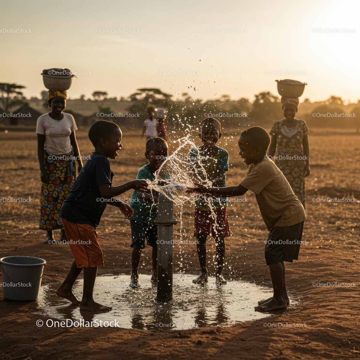 Children Enjoying a Water Pump in Sunset Rural Setting