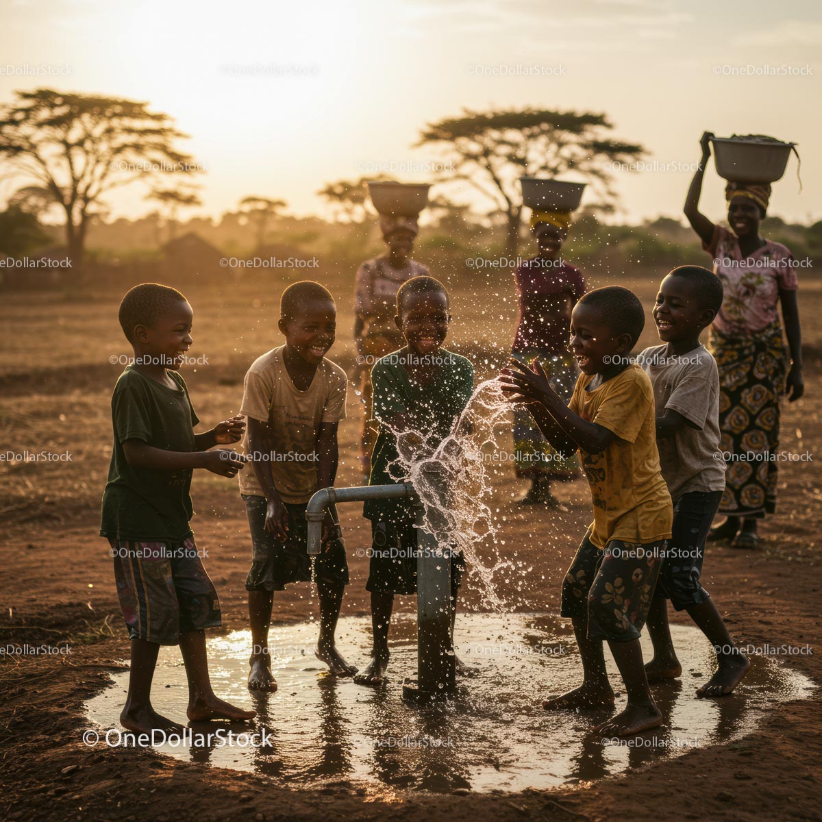 Joyful Children Playing at Water Pump in African Village