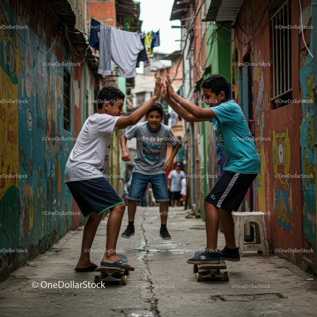 Boys Having Fun Skateboarding in a Colorful Alley