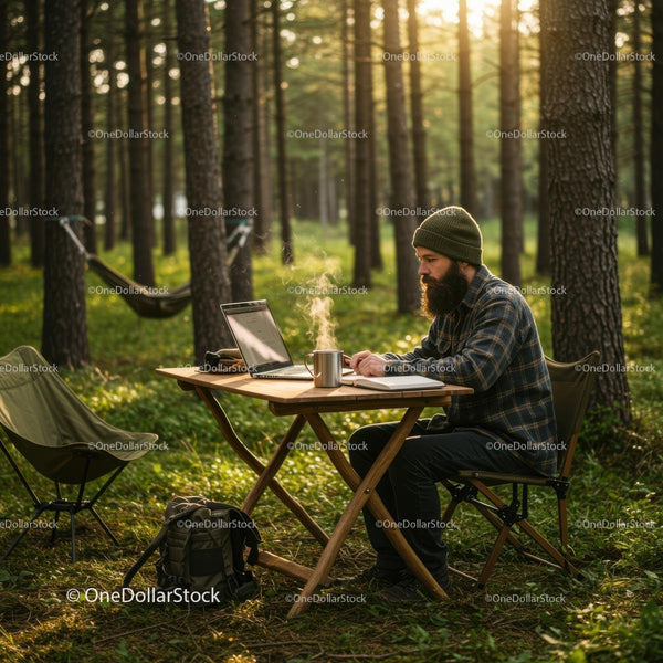 Digital Nomad Working Remotely in a Sunlit Forest