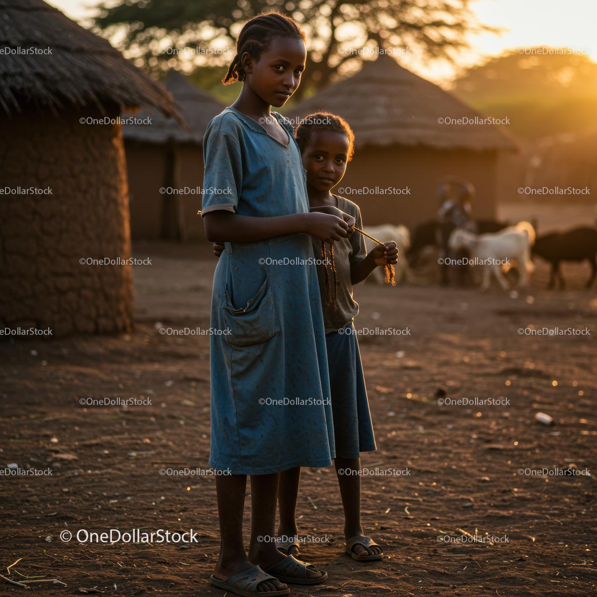 Children in a Sunset-Lit African Village