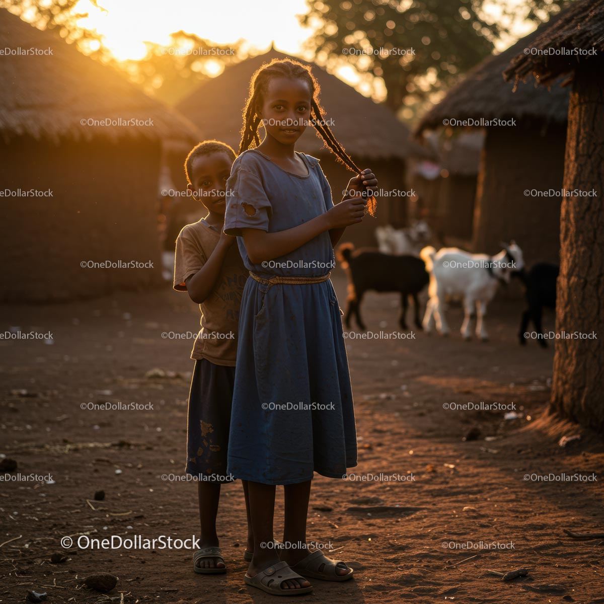 Siblings in a Rural Village at Sunset with Goats