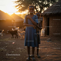 Children in a Rural Village at Sunset with Goats