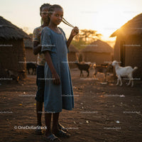 Young Girls Braiding Hair at Sunset in African Village