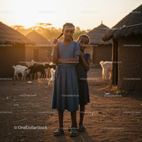 Siblings Standing in Rural Village at Sunset