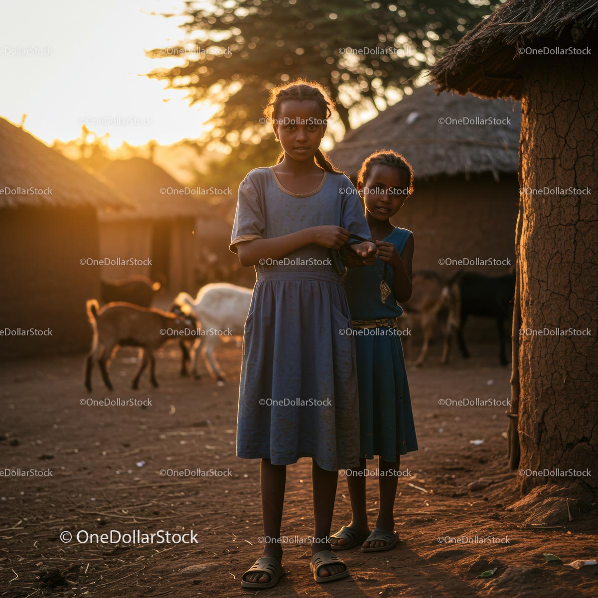 Siblings in Traditional African Village at Sunset