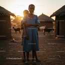Children in a Rural Village at Sunset with Traditional Huts