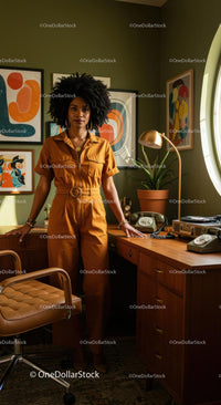 Stylish Woman in Retro-Themed Office with Art Prints