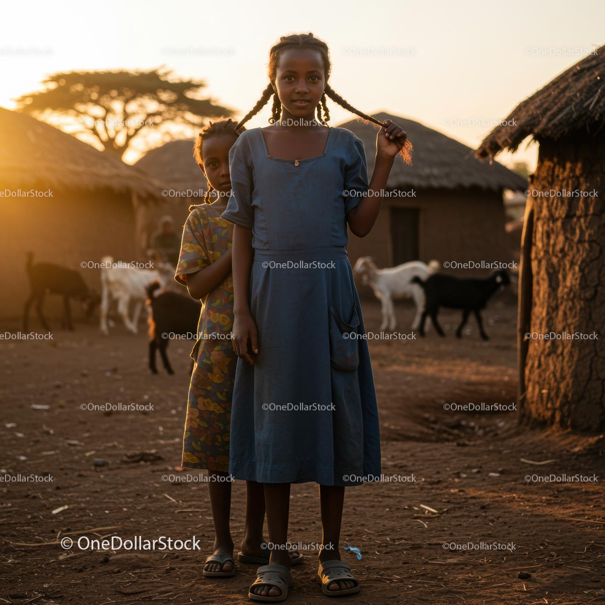 Siblings Enjoying Sunset in Traditional African Village