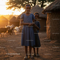 Siblings Standing Together at Sunset in Rural Village