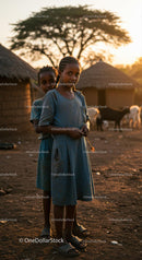 Children in a Traditional African Village at Sunset