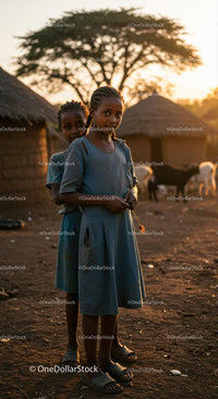 Children in a Traditional African Village at Sunset